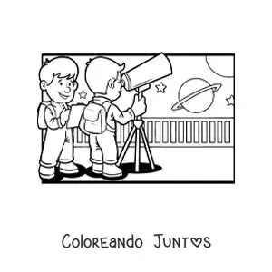 Imagen para colorear de dos niños con un telescopio
