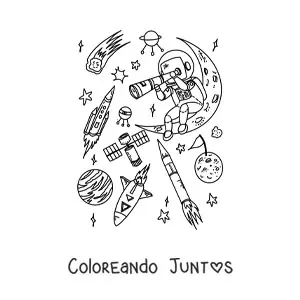 Imagen para colorear de un astronauta con un telescopio en el espacio