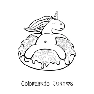 Imagen para colorear de un unicornio animado sentado sobre una dona