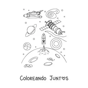 Imagen para colorear de un satélite junto a naves espaciales