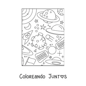Imagen para colorear de un satélite artificial y varios cuerpos celestes