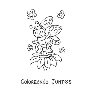 Imagen para colorear de una mariquita feliz junto a varias flores