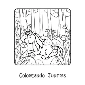 Imagen para colorear de un unicornio animado en bosque de primavera