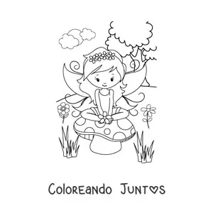 Imagen para colorear de un hada en un campo primaveral