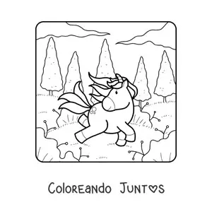 Imagen para colorear de un uniconio animado en el bosque