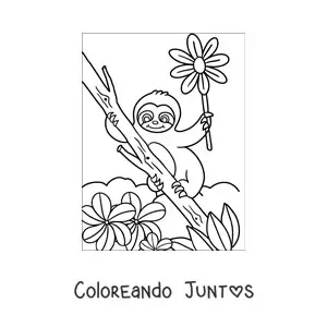 Imagen para colorear de una pereza animada con flores de primavera