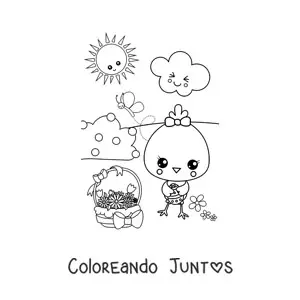 Imagen para colorear de un pollito kawaii en primavera