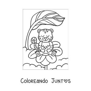 Imagen para colorear de un tigre animado sobre una flor de primavera