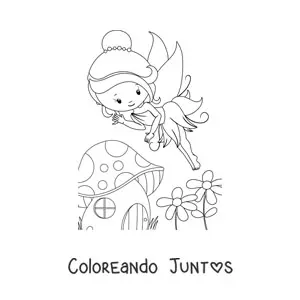 Imagen para colorear de un hada kawaii volando cerca de un a casa con flores