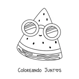 Imagen para colorear de una sandía kawaii animada con lentes de sol