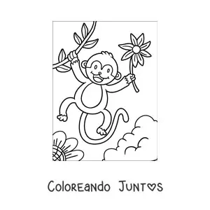 Imagen para colorear de un mono animado con flores en primavera
