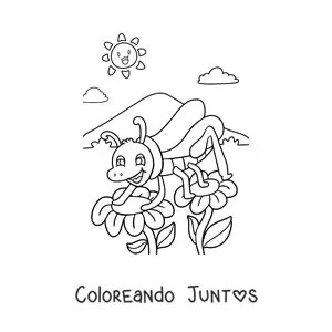 Imagen para colorear de un grillo animado posando entre dos flores en un clima primaveral