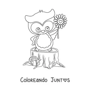 Imagen para colorear de un búho kawaii sosteniendo una flor