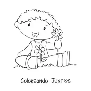 Imagen para colorear de un niño en el campo en primavera