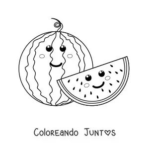 Imagen para colorear de una sandía kawaii sonriente junto a media sandía kawaii