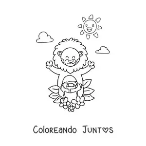 Imagen para colorear de un león animado con flores de primavera
