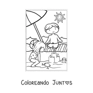 Imagen para colorear de dos niños en la playa en verano