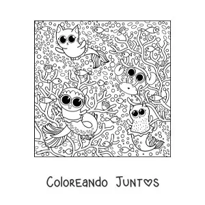 Imagen para colorear de varios animales kawaii en verano