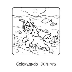 Imagen para colorear de un unicornio nadando en el mar