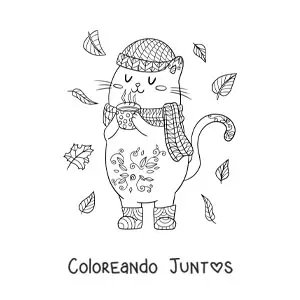 Imagen para colorear de un gato animado en otoño