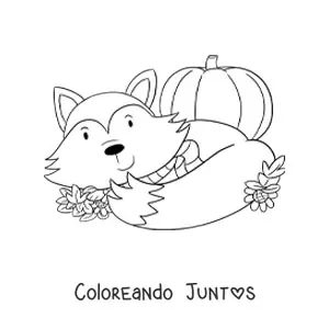 Imagen para colorear de un zorro kawaii con hojas de otoño y una calabaza