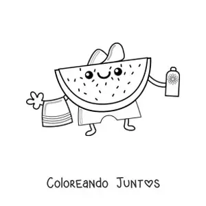 Imagen para colorear de una sandía animada veraniega con una toalla y protector solar