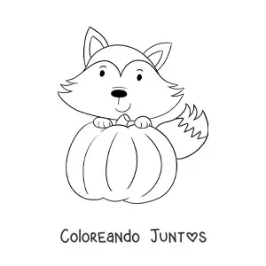 Imagen para colorear de un zorro kawaii con una calabaza