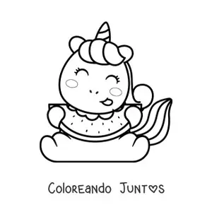 Imagen para colorear de un unicornio animado sentado comiendo una sandía