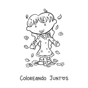 Imagen para colorear de una niña jugando con hojas de otoño