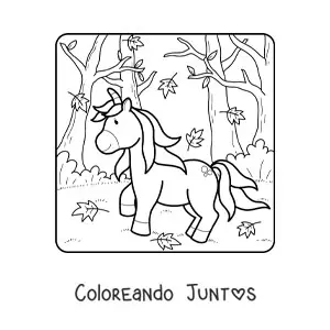 Imagen para colorear de un unicornio animado en un bosque de otoño