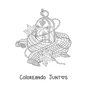 Imagen para colorear de una bufanda y hojas secas junto una linterna como elementos del otoño