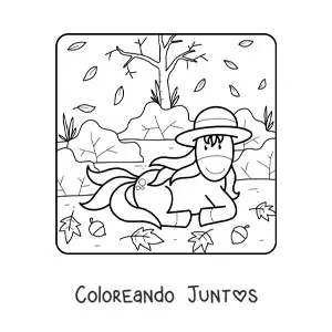 Imagen para colorear de un unicornio animado descansando sobre hojas secas