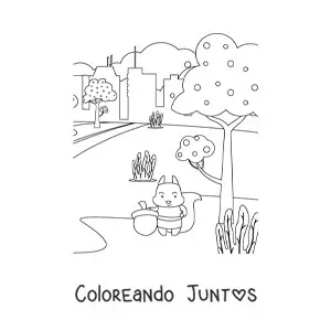 Imagen para colorear de una ardilla en un paisaje otoñal