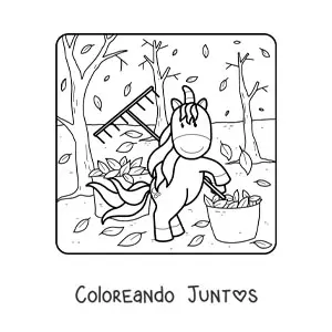 Imagen para colorear de un unicornio y varias hojas de otoño