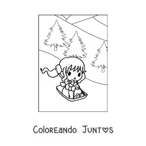 Imagen para colorear de una niña kawaii con un trineo