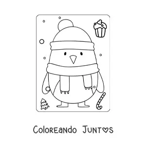 Imagen para colorear de un pingüino kawaii en invierno
