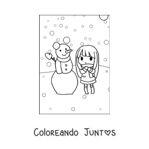 Imagen para colorear de una niña kawaii con un muñeco de nieve