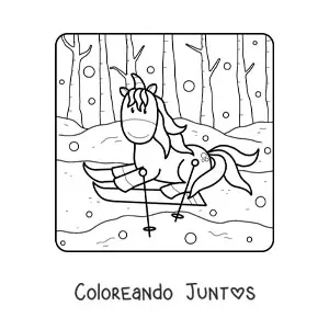 Imagen para colorear de un unicornio animado esquiando en invierno