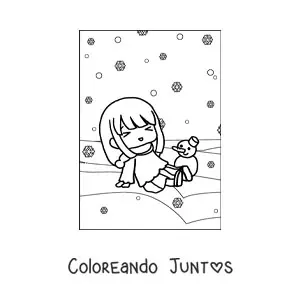 Imagen para colorear de una niña kawaii en una nevada de invierno