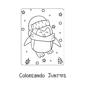 Imagen para colorear de un pingüino kawaii con una bufanda