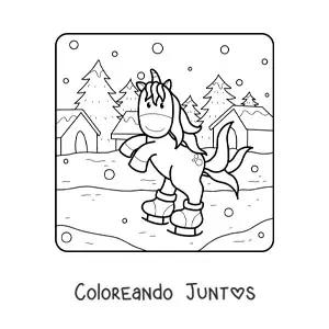 Imagen para colorear de un unicornio patinando sobre el hielo en invierno