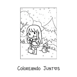 Imagen para colorear de una niña kawaii jugando en la nieve en invierno