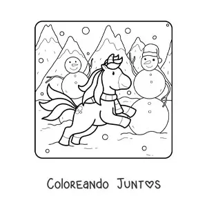 Imagen para colorear de un unicornio junto a varios muñecos de nieve