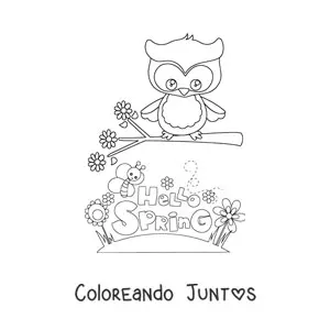 Imagen para colorear de un búho y una abeja junto a la palabra spring