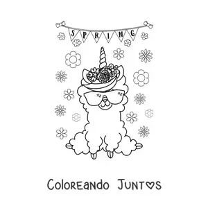 Imagen para colorear de una llama kawaii junto a la palabra spring