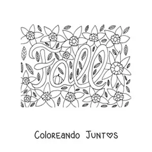 Imagen para colorear de la palabra fall rodeada de flores y hojas