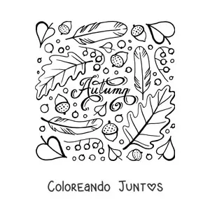 Imagen para colorear de la palabra autumn rodeada de hojas secas