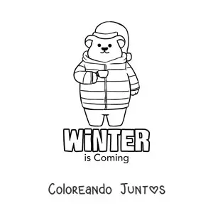Imagen para colorear de un oso animado abrigado y la palabra winter