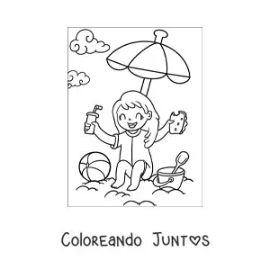 Imagen para colorear de una niña en la playa con una merienda y juguetes