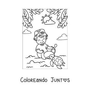 Niño jugando con tortuga en la playa